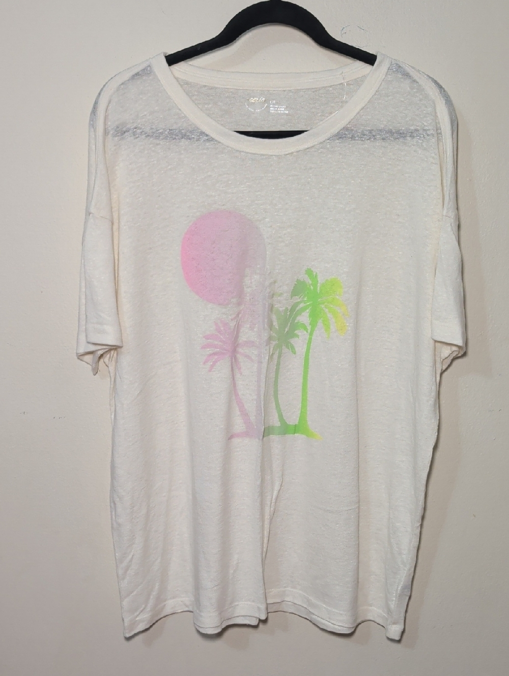 Aerie Breezy Boyfriend T-Shirt White Beach Print Linen-Blend Women's Size L